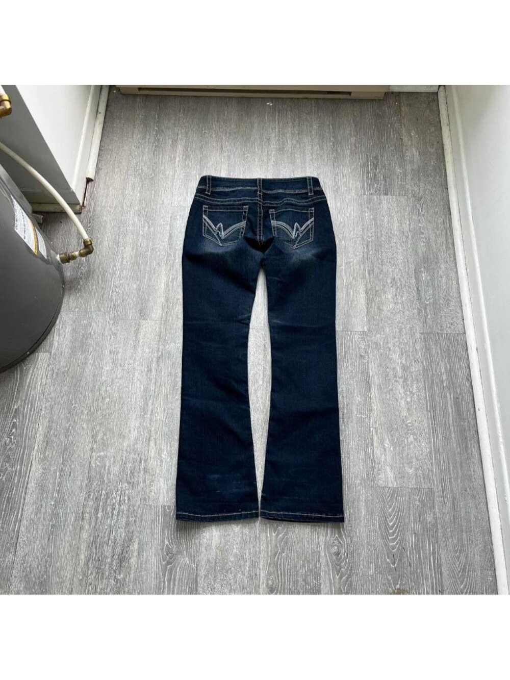 Navy Blue / White Y2K “Warehouse One” Low-Rise Embroidered Bootcut Jeans